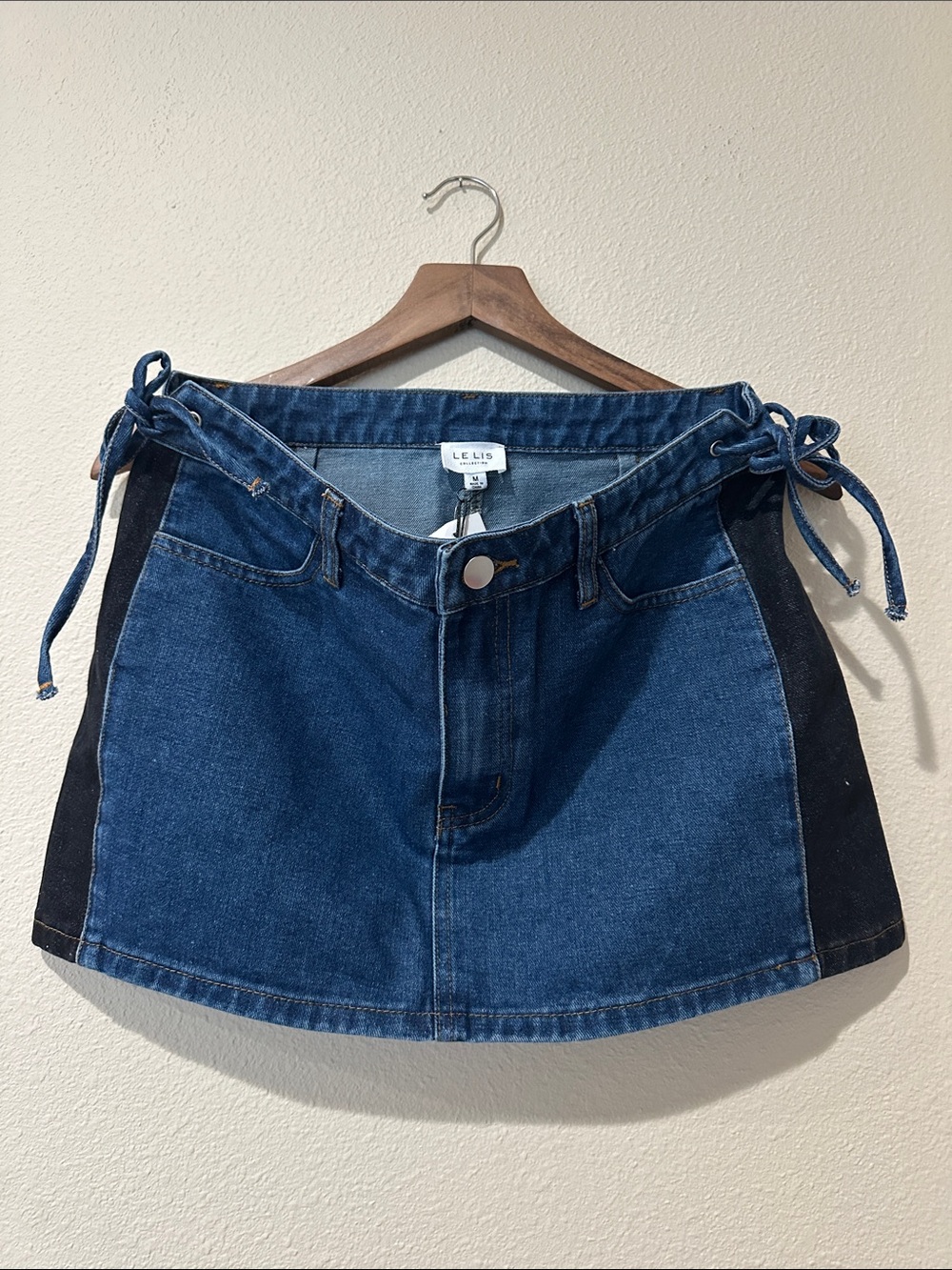 Le Lis Blue Two-Tone Denim Mini Skirt with Black Side Panels